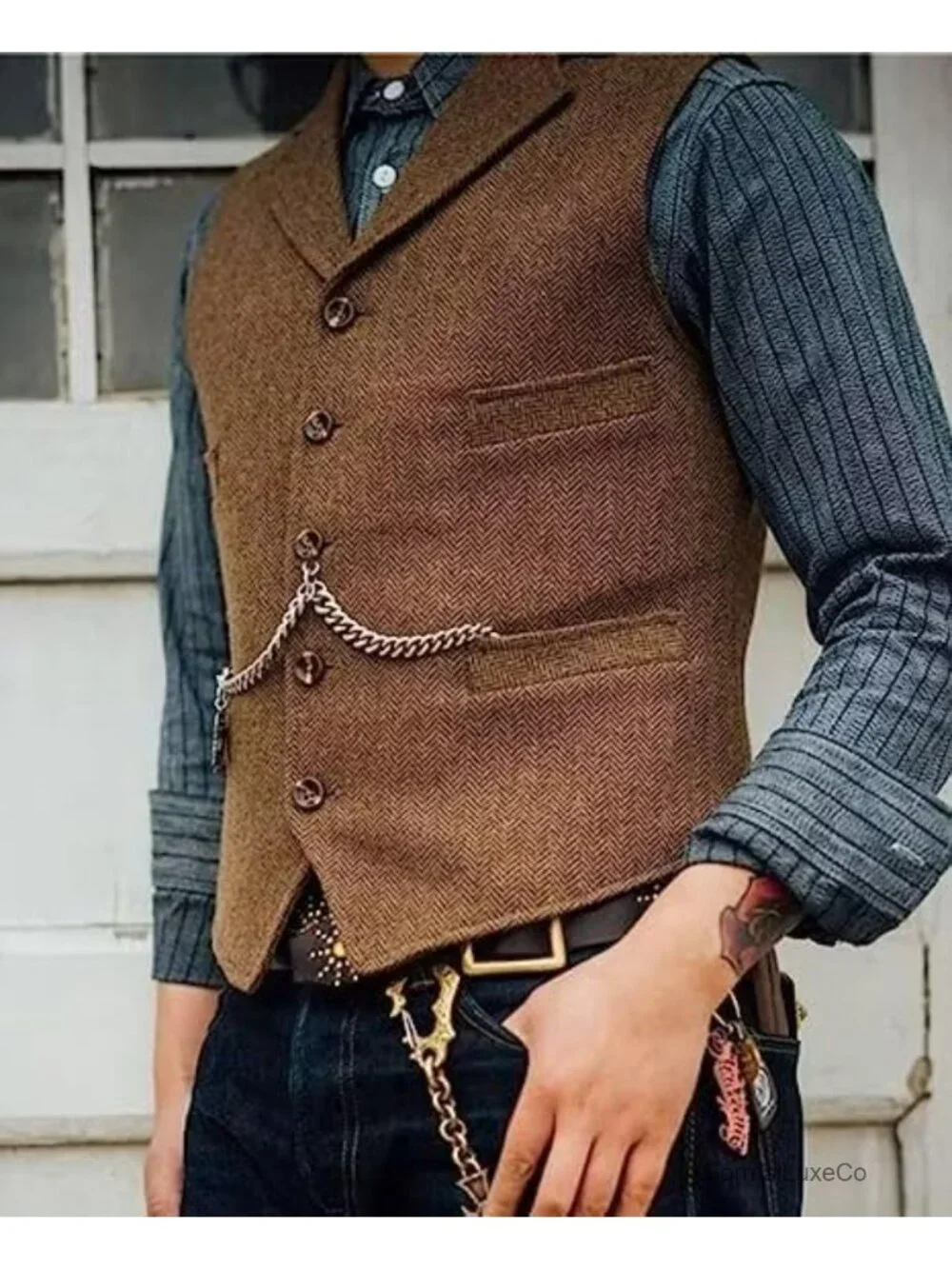 Vintage Wool Tweed Herringbone Suit Vest, Formal Waistcoat